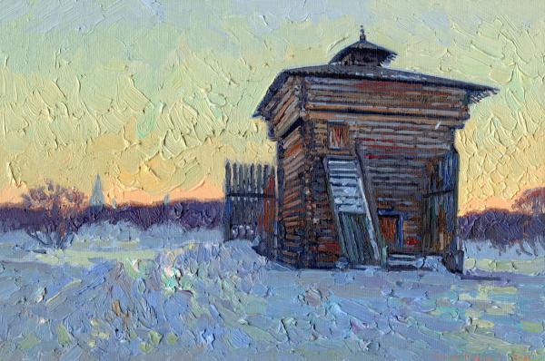Simon Kozhin. Sunset. February. Tower of the Bratsk Ostrog. Kolomenskoe.