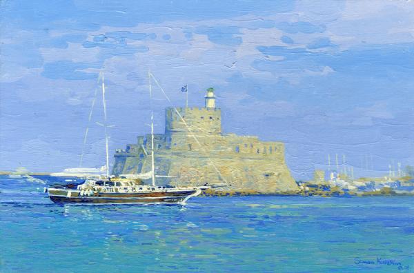 Simon Kozhin. The tower of St. Nicholas. Rhodes. Greece. 2014 Oil on canvas on cardboard, oil. 20 x 30 cm.