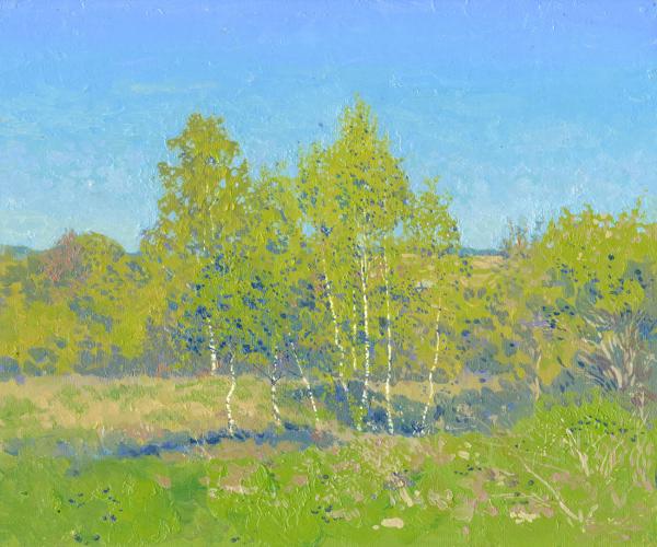 Simon Kozhin. Birches. The beginning of May. The Klykovo. 2012. Canvas on cardboard, oil. 25 x30 cm.