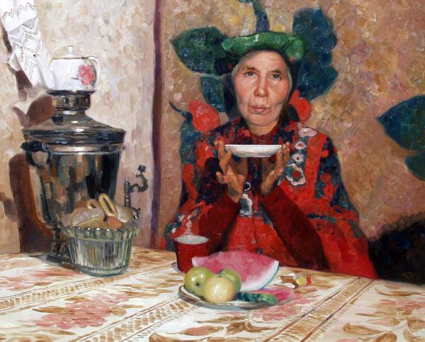 Simon Kozhin. Tea. A portrait Aunt Vera from the village Karmanovo.