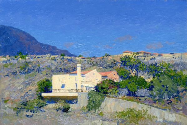 Simon Kozhin. Houses on the hillside. Costa Adeje. Canary Islands. Tenerife. Spain. 2013. Oil on canvas on cardboard, oil. 20 x 30 cm.