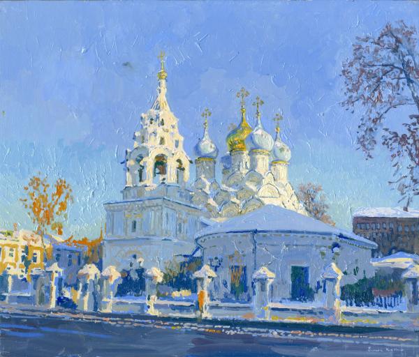 Simon Kozhin. February. The Church of St. Nicholas in Pyzhi.  2013. Oil on canvas on cardboard, oil. 30 x 35 cm.