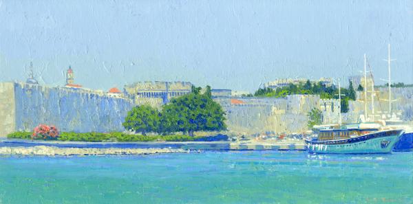 Simon Kozhin. Mandraki harbor. Rhodes. Greece. 2014. Oil on canvas on cardboard. 20 x 40 cm.