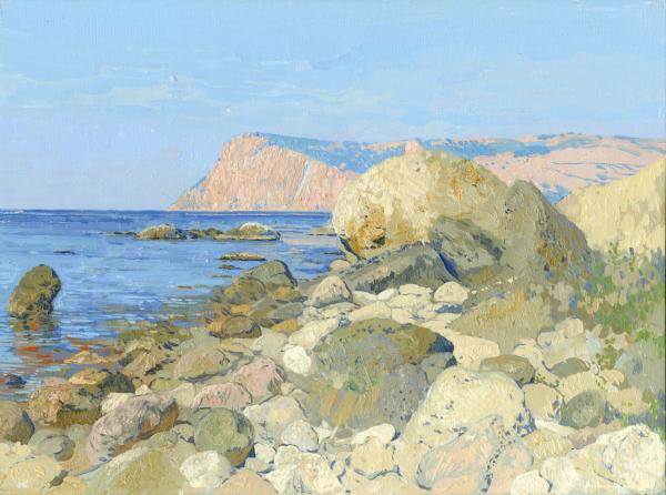 Simon Kozhin. Stony coast. Cape of Kuron. 2012. Canvas on cardboard, oil. 30 x 40 cm.