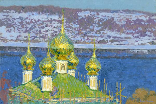 Simon Kozhin. Domes of Voskresenskaya Church. Pleyos. 2012. Canvas on cardboard, oil. 20 x 30 cm.
