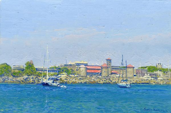 Simon Kozhin. Mandraki harbor. Rhodes. Greece. 2014. Canvas on cardboard, oil. 20 x 30 cm.