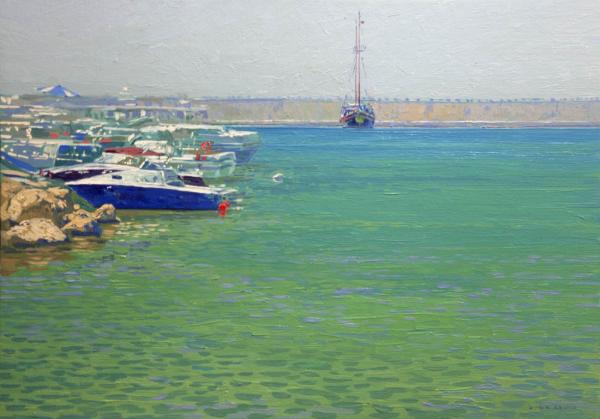 Simon Kozhin. In the afternoon. Port of Malia. 2012. Canvas on cardboard, oil. 25 x 35 cm.