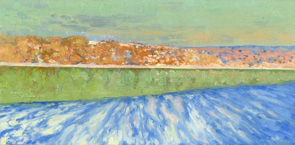 Simon Kozhin. Evening in April. Volga River. Pleyos. 2012. Canvas on cardboard, oil. 20 x 40 cm.