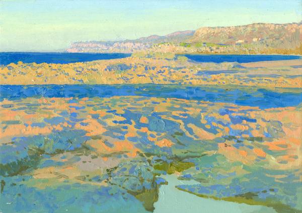 Simon Kozhin. The evening rays. Malia Bay. Crete. In 2012. Canvas on cardboard, oil. 25 x 35 cm.