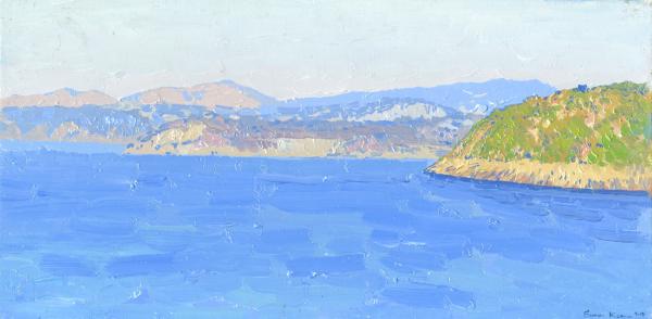 Simon Kozhin. View of the island of Procida and Vivara from the walls of the Aragonese Castle.  Ischia. Italy. 2013. Oil on canvas on cardboard, oil. 20 x 40 cm.