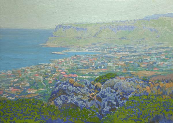 Simon Kozhin. View of the bay and the city of Sissi. Crete. In 2012. Canvas on cardboard, oil. 25 x 35 cm.