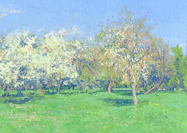 Simon Kozhin. The Cherry blossoms. Kolomenskoye. 2014. Oil on canvas on cardboard, oil. 25 x 35 cm.