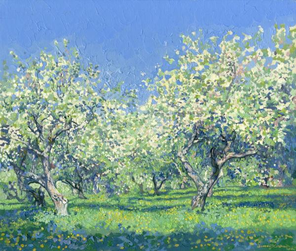 Simon Kozhin. Apple tree in bloom. Kolomenskoye. 2014 Oil on canvas on cardboard, oil. 30 x 35 cm.