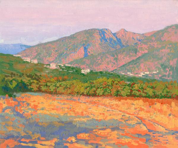 Simon Kozhin. Sunset in the mountains of Malia. Crete. 2012. Canvas on cardboard, oil. 25 x 30 cm.