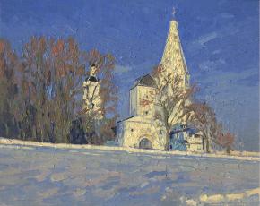 Simon Kozhin. Frosty evening. View of the water tower and the Church of the Ascension