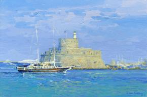 Simon Kozhin. The tower of St. Nicholas. Rhodes. Greece. 2014 Oil on canvas on cardboard, oil. 20 x 30 cm.