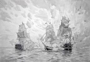 Simon Kozhin. Sketch. Battle of Brig Mercurius with two Turkish ships.