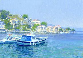 Simon Kozhin. Harbor and port of Symi. Greece. 2014. Oil on canvas on cardboard. 25 x 35 cm.