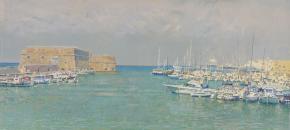 Simon Kozhin. Heraklion. View of the old port and fortress Koules. 2012. Oil on canvas. 30 x 65 cm.