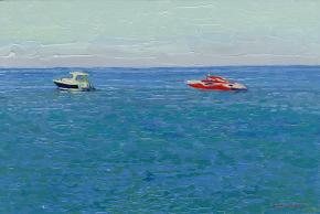 Simon Kozhin. Motorboats. Beldibi. Turkey. 2013. Oil on canvas on cardboard, oil. 20 x 30 cm.