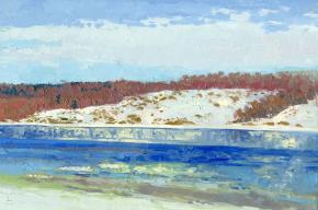 Simon Kozhin. The ice drift on the Volga. Pleyos. 2012. Canvas on cardboard, oil. 20 x 30 cm.
