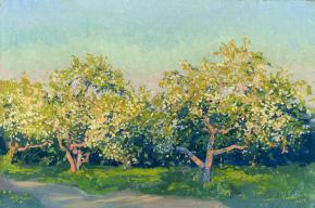 Simon Kozhin. May. Warm evening. Apple trees in bloom. 2014 Oil on canvas on cardboard, oil. 20 x 30 cm.