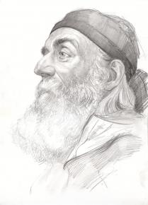 Simon Kozhin. The old man sitter with a bandage on his head. Sketch.