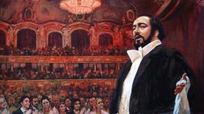 Simon Kozhin. Illustration for Luciano Pavarotti biography. Performance in La Scala.