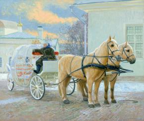 Simon Kozhin. The cart with horses. Kolomenskoye. 2013. Wood, gesso, oil. 30 x 35 cm