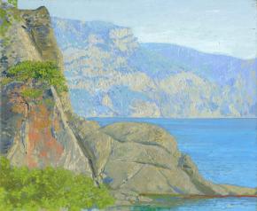 Simon Kozhin. Rocky shore. View of Cape Aya. 2012. Canvas on cardboard, oil. 25 x 30 cm.