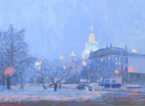 Simon Kozhin. View on Moscow State University building. Twilight. 2012. Oil on canvas. 45 x 62.5 cm.