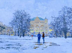 Simon Kozhin. Twilight. Lubyanskaya square. Polytechnical Museum. 2013. Oil on canvas on cardboard, oil. 30 x 40 cm.