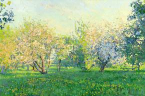 Simon Kozhin. A quiet evening. Apple trees in bloom. Kolomenskoye Estate. 2013. Oil on canvas on cardboard, oil. 30 x 45 cm.