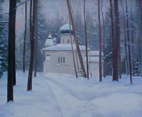 Семён Кожин. Церковь в Абрамцево зимой.