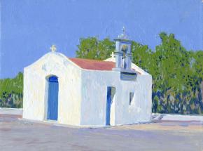 Simon Kozhin. The church in the port of Malia. Crete. 2012. Canvas on cardboard, oil. 15 x 20 cm