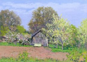 Simon Kozhin. Blossoming cherry garden The Klykovo. 2012. Canvas on cardboard, oil. 25 x 35 cm.