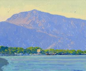 Simon Kozhin. Evening. Dassia. Kerkira. Corfu. Greece. 2013. Oil on canvas on cardboard, oil. 25 x 30 cm.