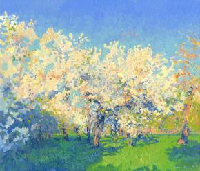 Simon Kozhin. Evening. Cherry blossoms. Kolomenskoye. 2014 Oil on canvas on cardboard, oil. 30 x 35 cm.
