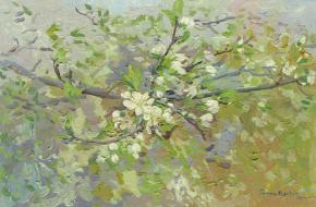 Simon Kozhin. Cherry blossoms branch. 2014 Oil on canvas on cardboard, oil. 20 x 30 cm.
