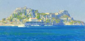 Simon Kozhin. View of the fortress Paleo Frurio. Corfu. Greece. 2013. Oil on canvas on cardboard, oil. 20 x 40 cm.