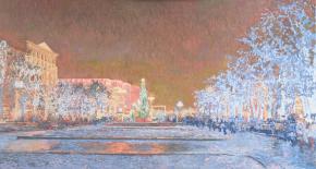 Simon Kozhin. View on Pushkin Square with Big Bronnaya street. New Year. 2014. Oil on canvas. 60 x 110 cm
