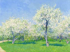 Simon Kozhin. Voznesensky garden. Apple trees in blossom. Kolomenskoye Estate. 2013. Oil on canvas on cardboard, oil. 30 x 40 cm