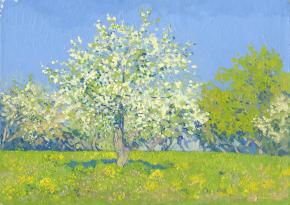 Simon Kozhin. Apple trees in bloom.  2012. Oil on canvas. 25 x 35 cm.