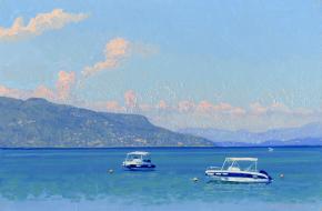 Simon Kozhin. Yacht off the coast of Dassia. Corfu. Corfu. Greece. 2013. Oil on canvas on cardboard. 20 x 30 cm.