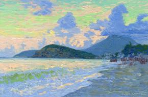 Simon Kozhin. Sunset in Sutomore. Montenegro. 2014 Oil on canvas and painting on canvas. 30 x 20 cm.